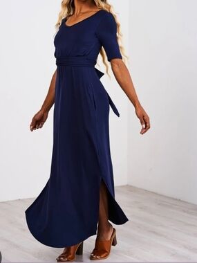 Latched Mama Navy V-Neck Maxi Nursing Dress with Self-Tie Waist